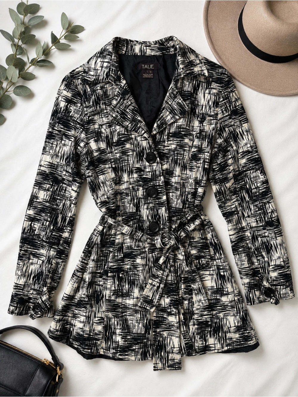TALIE Black & Ivory Abstract Print Belted Trench Coat Jacket Size L